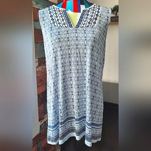 White and blue blouse/tunic, bohemian style tribal pattern for women, size L